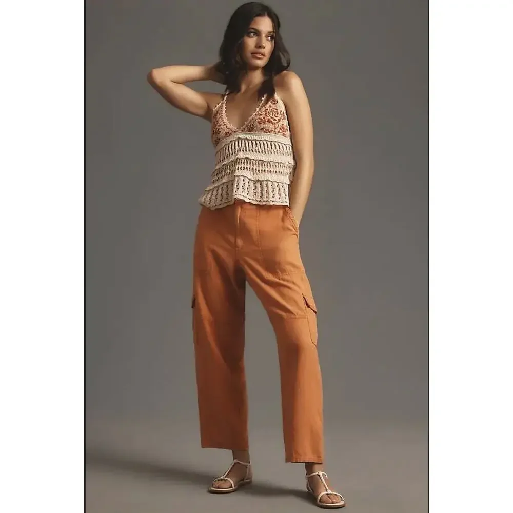 ANTHROPOLOGIE Pilcro Slim Linen Beach Cargo Pants in Orange // 31T